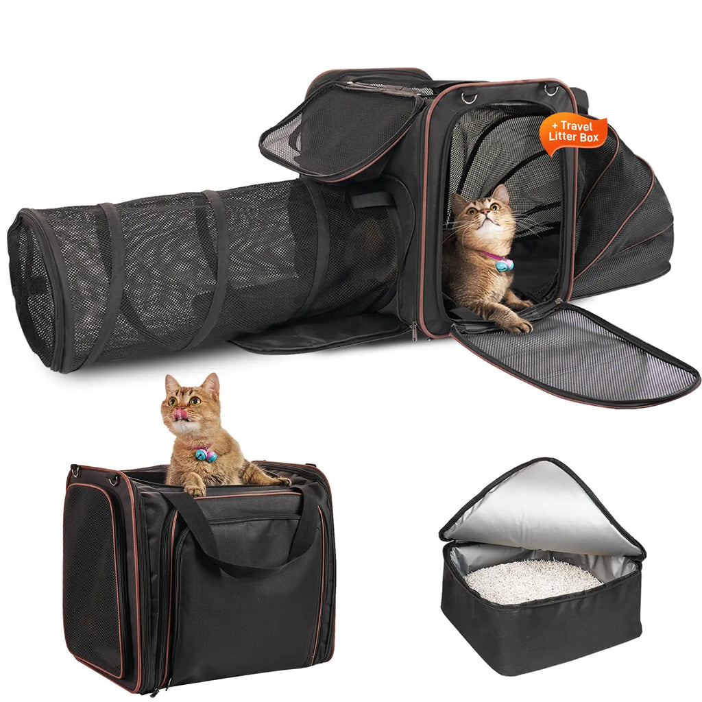 Cat Travel Carrier with Litter Box Expandable Pet Carrier with Collapsible Cat Tunnel Portable Cat Carrier for Car Travel Pet Travel Carrier with Litter Box for Long Distance Travel